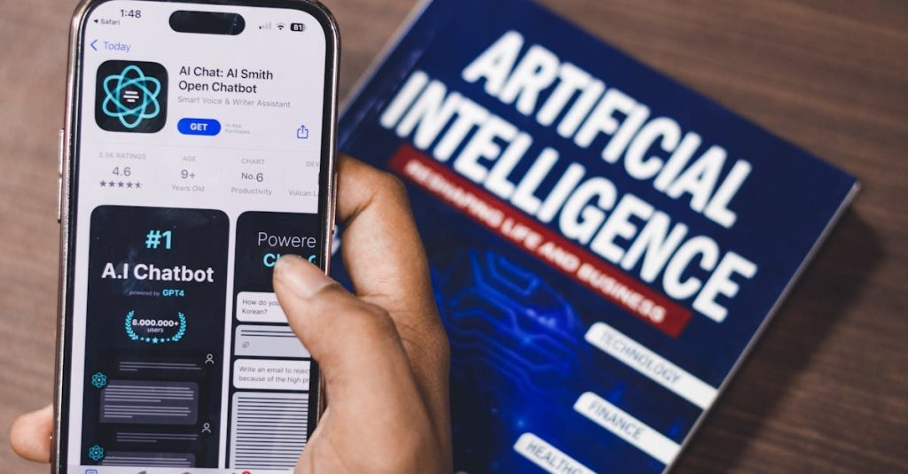 Smartphone displaying AI app with book on AI technology in background.
